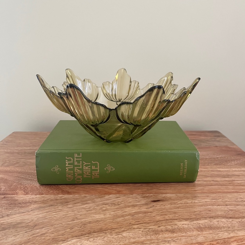 Vintage Mid Century Modern MCM Glass Bowl Olive Green Retro Boho Home Decor
